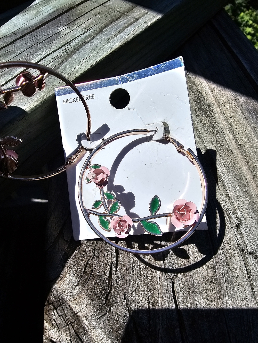 Rose Gold Floral Hoop Earrings Pink Rose Green Leaf Nickel Free NWT - Picture 5 of 10